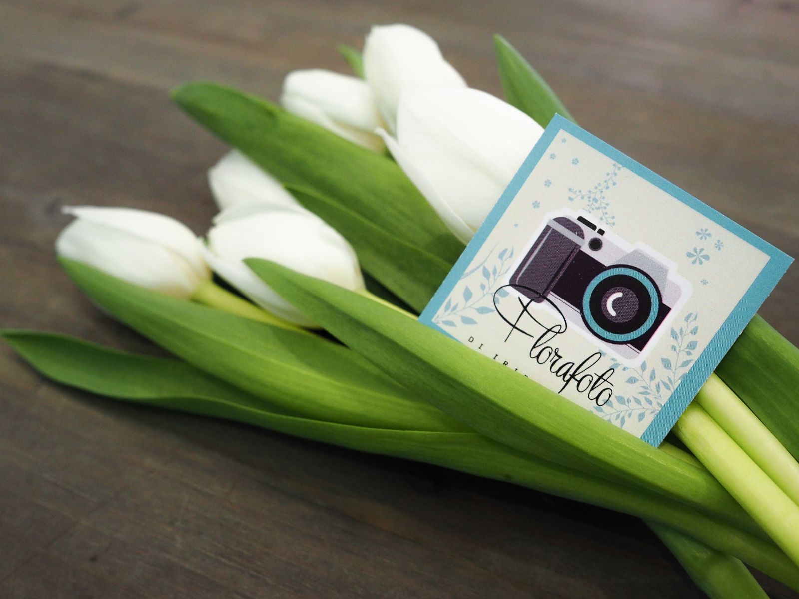 Biglietto Florafoto con l'illustrazione della macchina fotografica su un fascio di tulipani